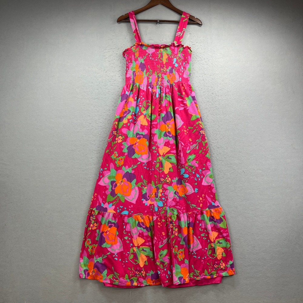 Sugarlips Maxi Dress Womens Medium Pink Floral Smocked Tiered Ruffle Boho Summer
